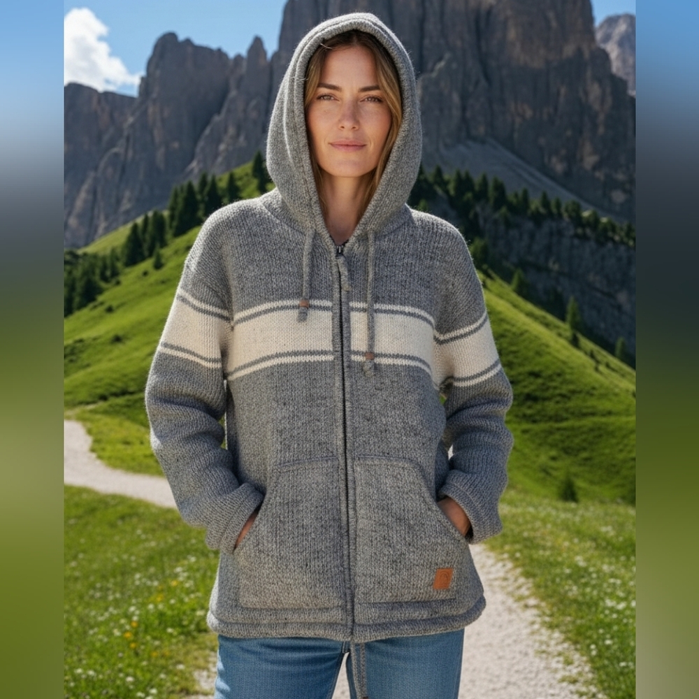 Modern Anoraka Full Zip 100% Wool Hooded Polar Fleece Lined Jacket Size Large